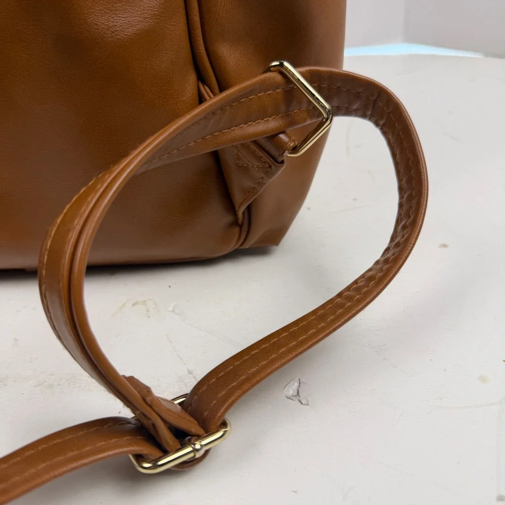 Itzy Ritzy Boss Backpack Diaper Bag Cognac Brown Vegan Leather Gold Hardware